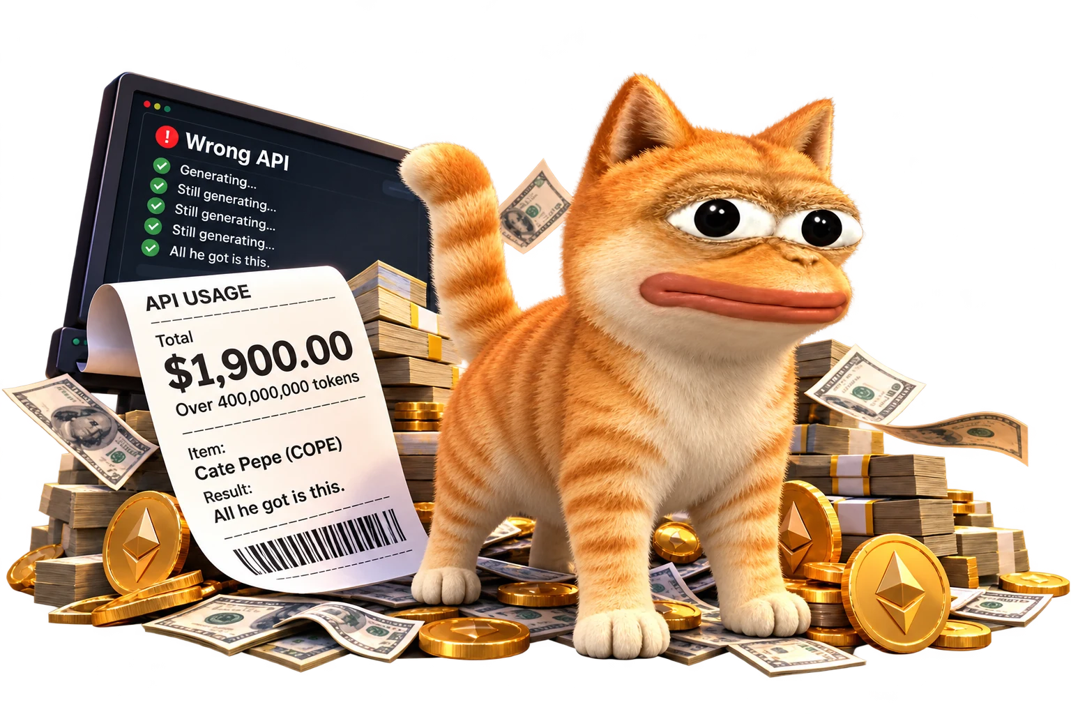 Cate Pepe sitting on a pile of cash with the $1,900 receipt